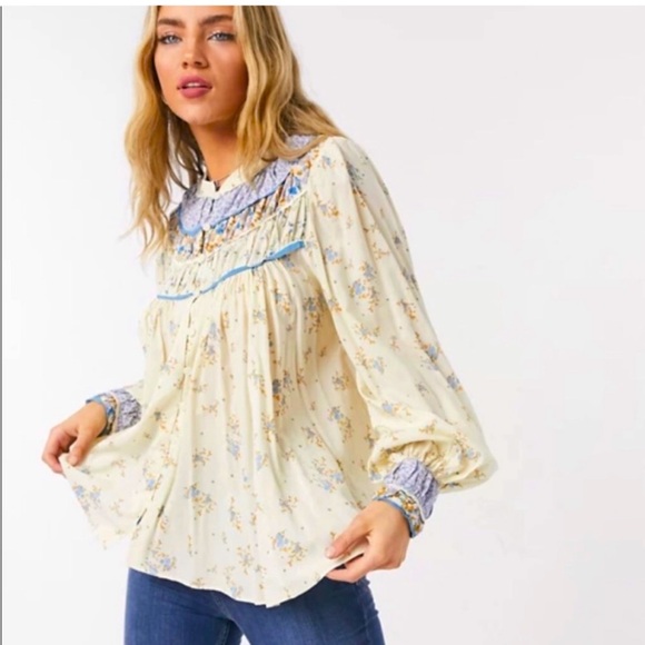 Free People Tops - FREE PEOPLE Paloma Ivory Blue Floral Print Boho Long Sleeve Button Shirt Medium